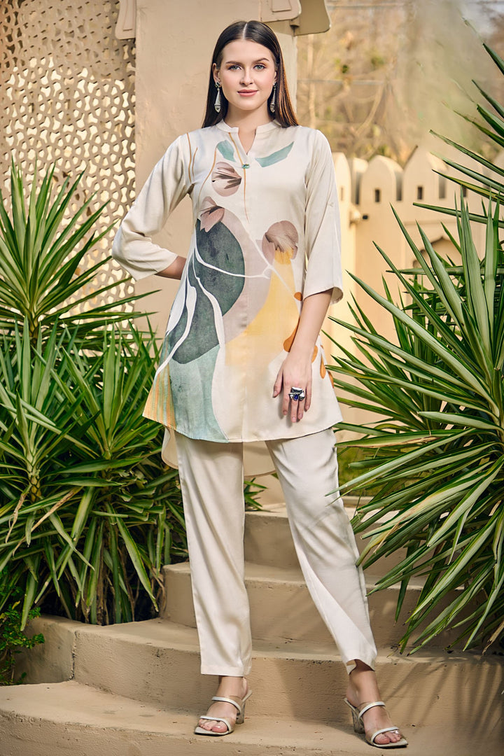 Beige with Multicolor Digital Print Cord Set
