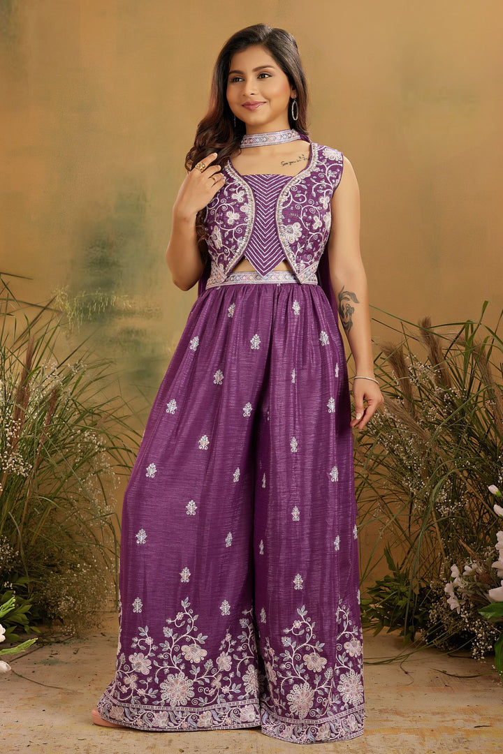 Purple Beads, Stone, Sequins and Multicolor Thread work Choli and Palazzo Set for Girls