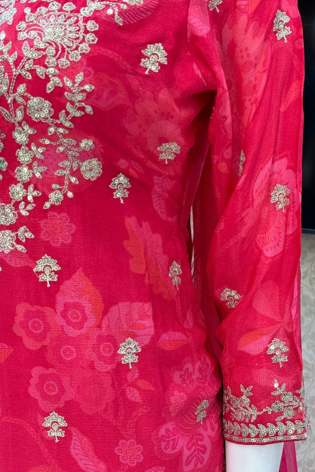 Rani Pink Sequins and Zari work with Digital Print Palazzo Salwar Suit