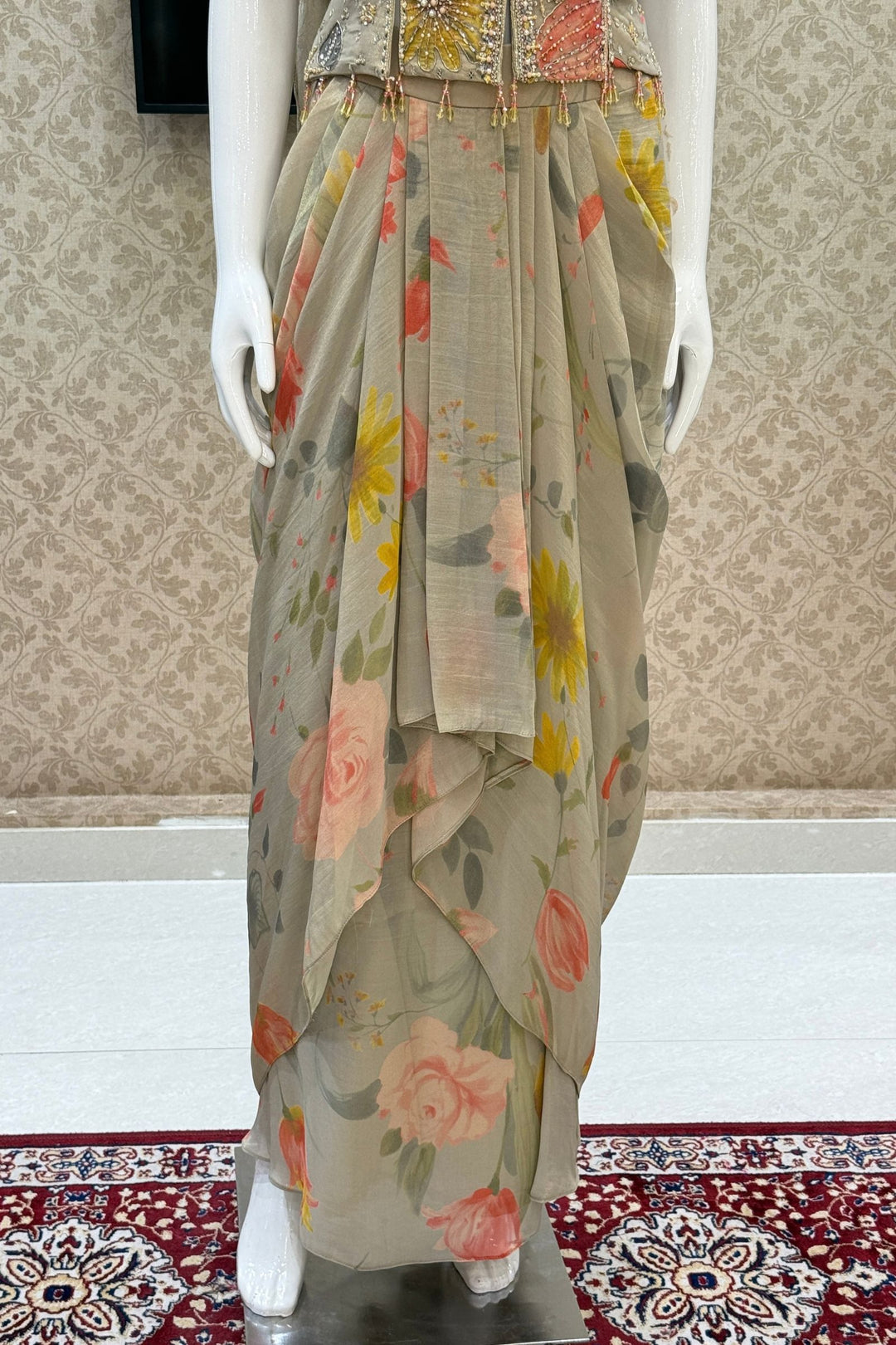 Grey Indo-Western Styled Halter Neck Top and Cowl Skirt