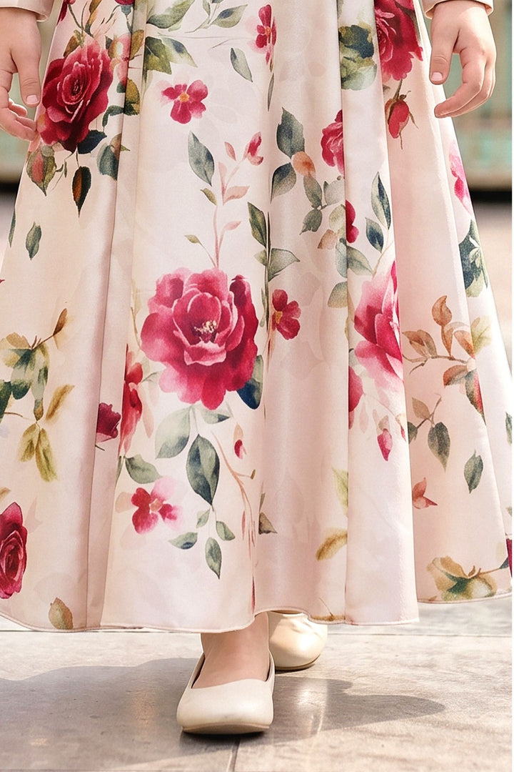 Light Beige with Floral Print Jacket Styled Long Party Gown for Girls