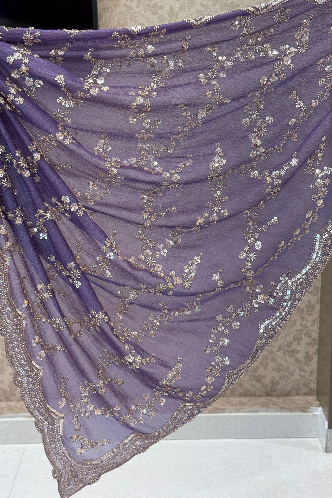 Purple Sequins, Beads and Zari work Saree
