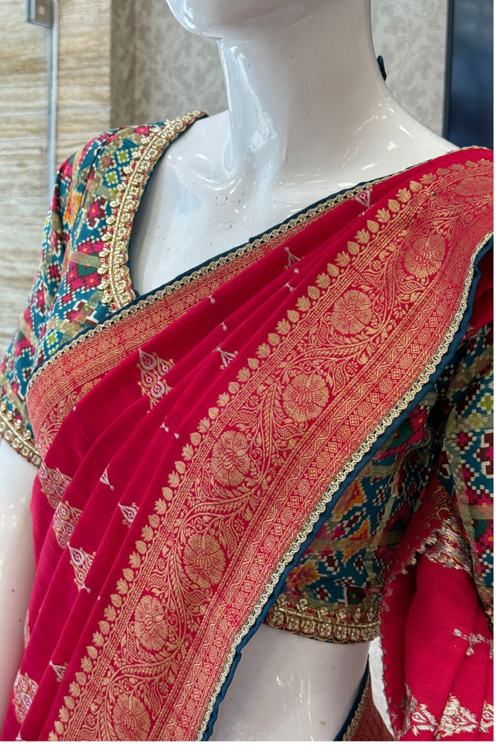 Rani Pink Banaras work Saree with Patola Print, Sequins and Zardozi work Readymade Blouse