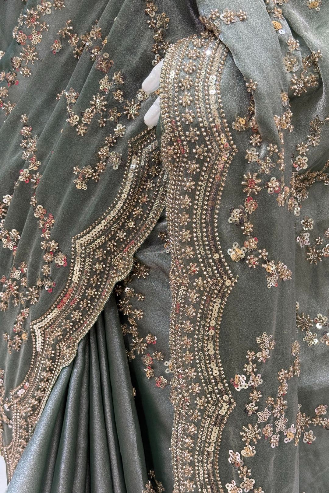 Sea Green Beads, Zari and Sequins work Saree