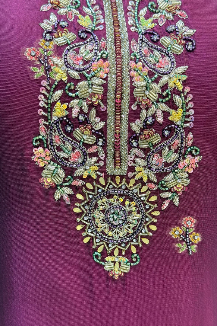 Wine Beads, Sequins, Zari, Stone, Banaras and Jacquard work Straight Cut Salwar Suit