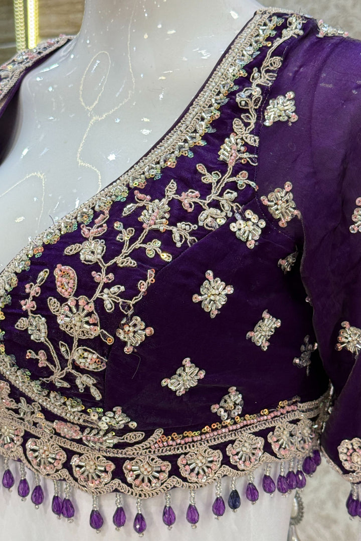 Purple Beads, Zari, Thread and Sequins work Crop Top Bridal Lehenga