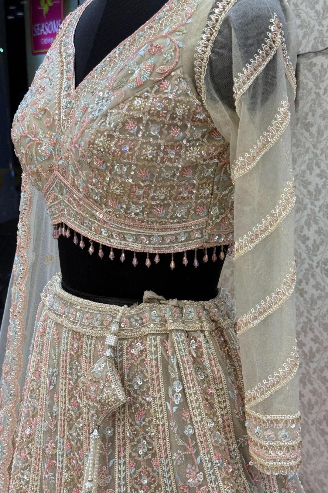 Beige Sequins, Beads and Zari Thread work Crop Top Designer Bridal Lehenga