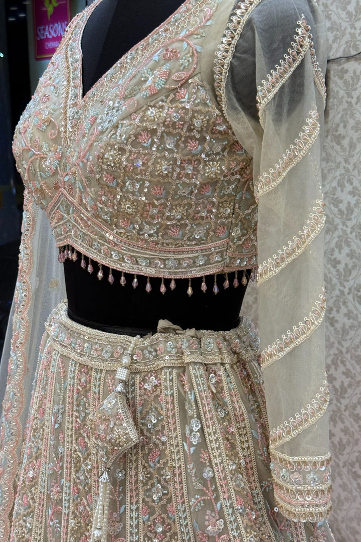Beige Sequins, Beads and Zari Thread work Crop Top Designer Bridal Lehenga