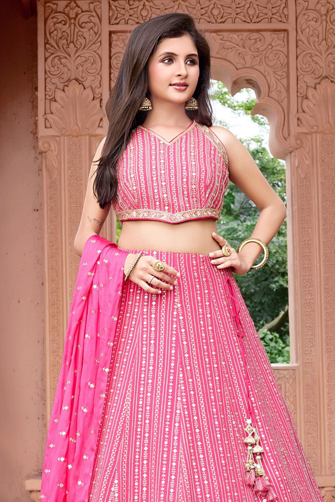 Pink Sequins, zari, Stone, Beads and Mirror work Lehenga Choli for Girls