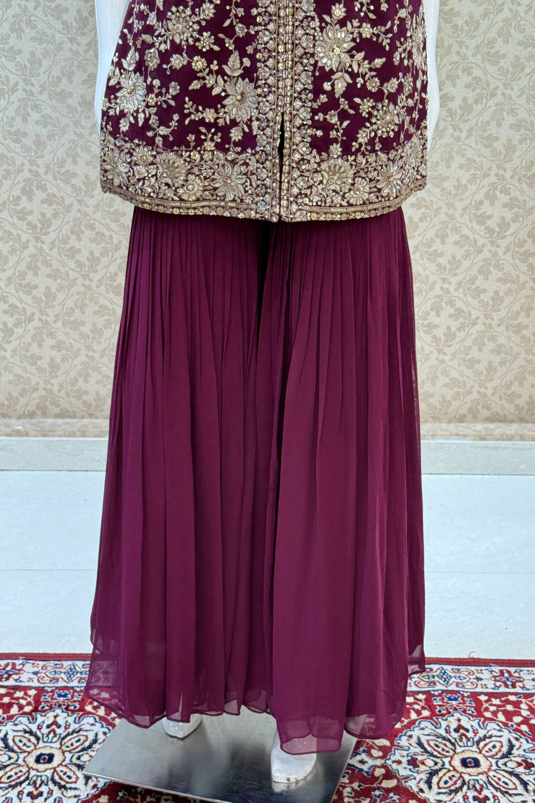 Wine Sequins, Zari, Stone, Mirror and Thread work Sharara Salwar Suit