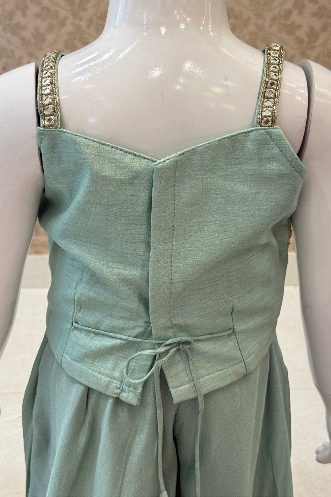 Sea Green Zari, Beads, Mirror and Zardozi work Palazzo Suit Set for Girls