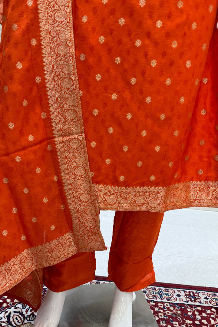 Orange Banaras work V-Neck Straight Cut Salwar Suit