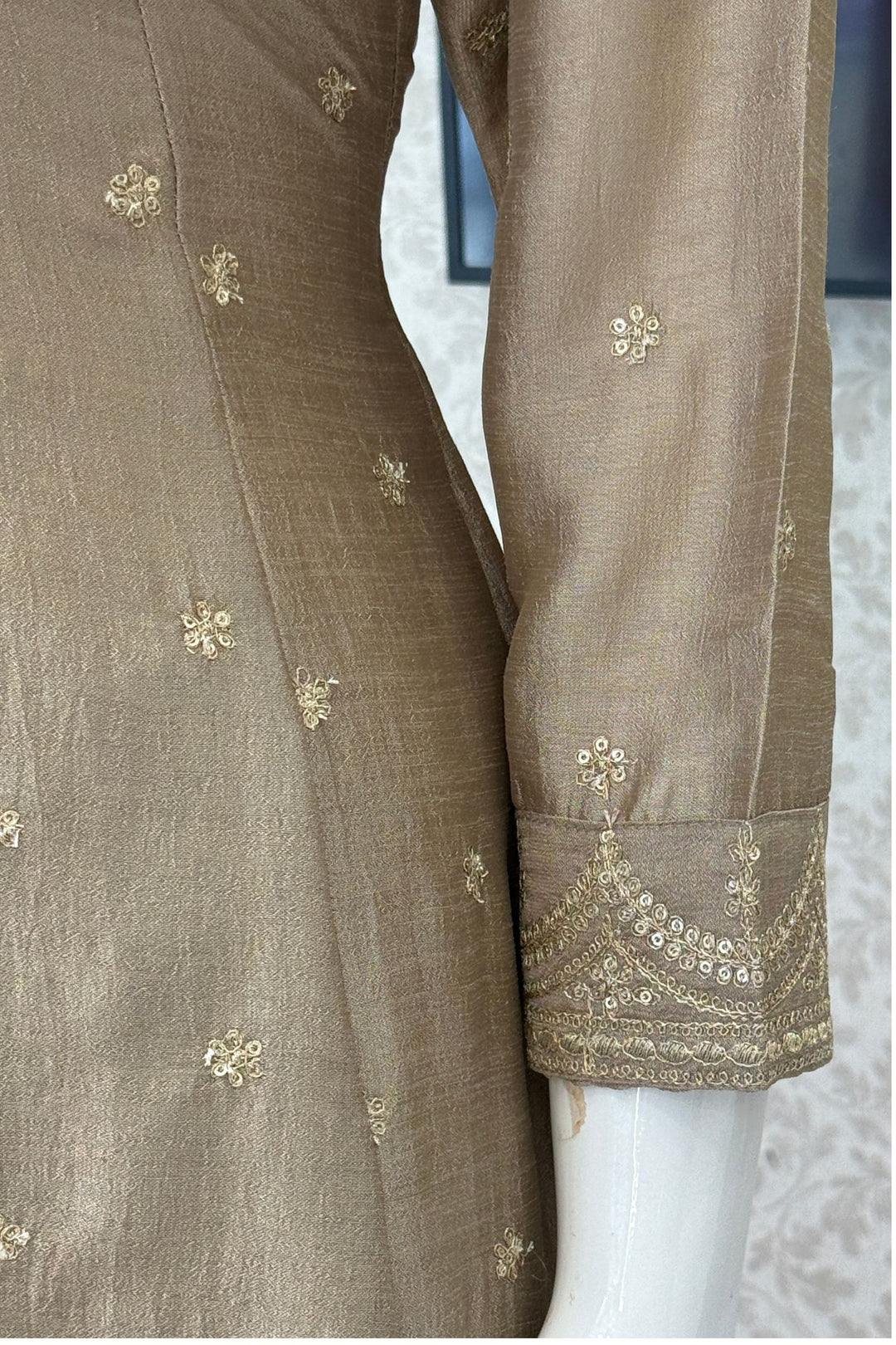 Beige Zari, Zardozi, Sequins and Stone work A-line Cut Salwar Suit