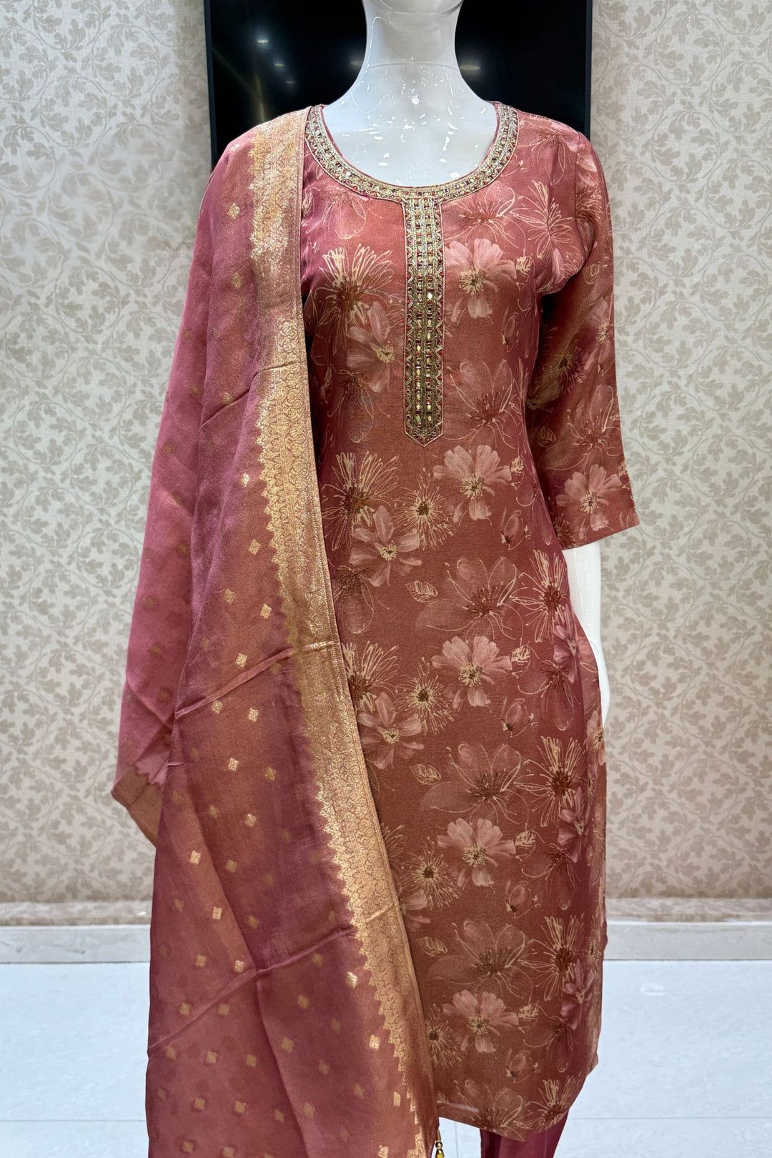Gajri Pink Mirror, Zardozi and Banaras work with Floral Print Straight Cut Salwar Suit