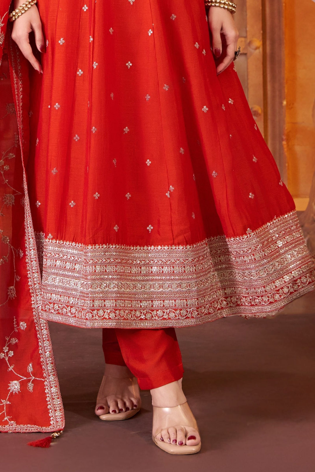 Orange Sequins and Zari work Anarkali Style Salwar