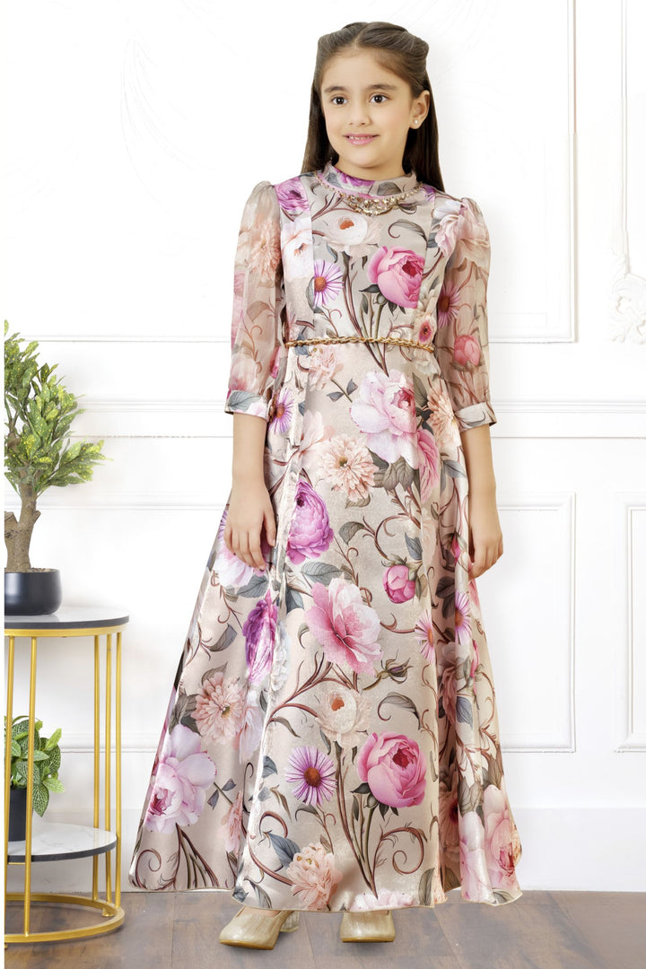 Grey Stone work with Floral Print Long Party Gown for Girls