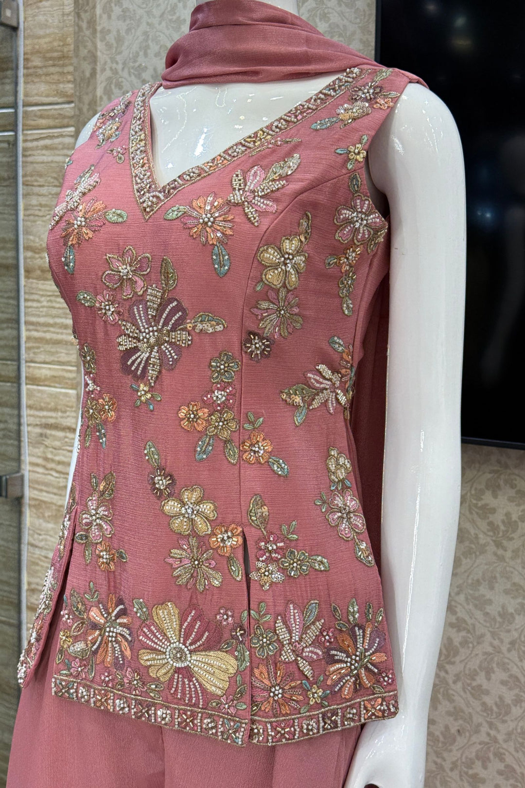 Onion Pink Palazzo Set Featuring All-Over Multicolor Embroidery, Beads, Sequins and Zari