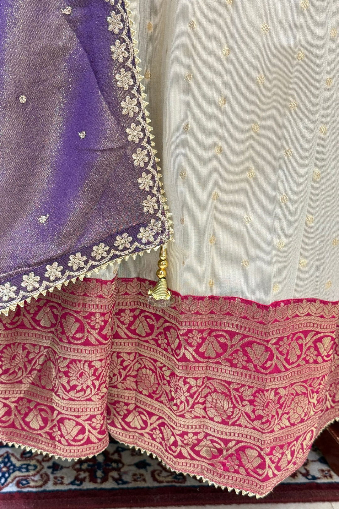 Designer Floral Banarasi Lehenga Set in Purple and Cream