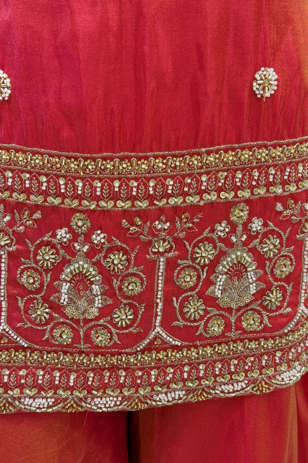 Tomato Red Beads, Sequins and Zari work Palazzo Salwar Suit
