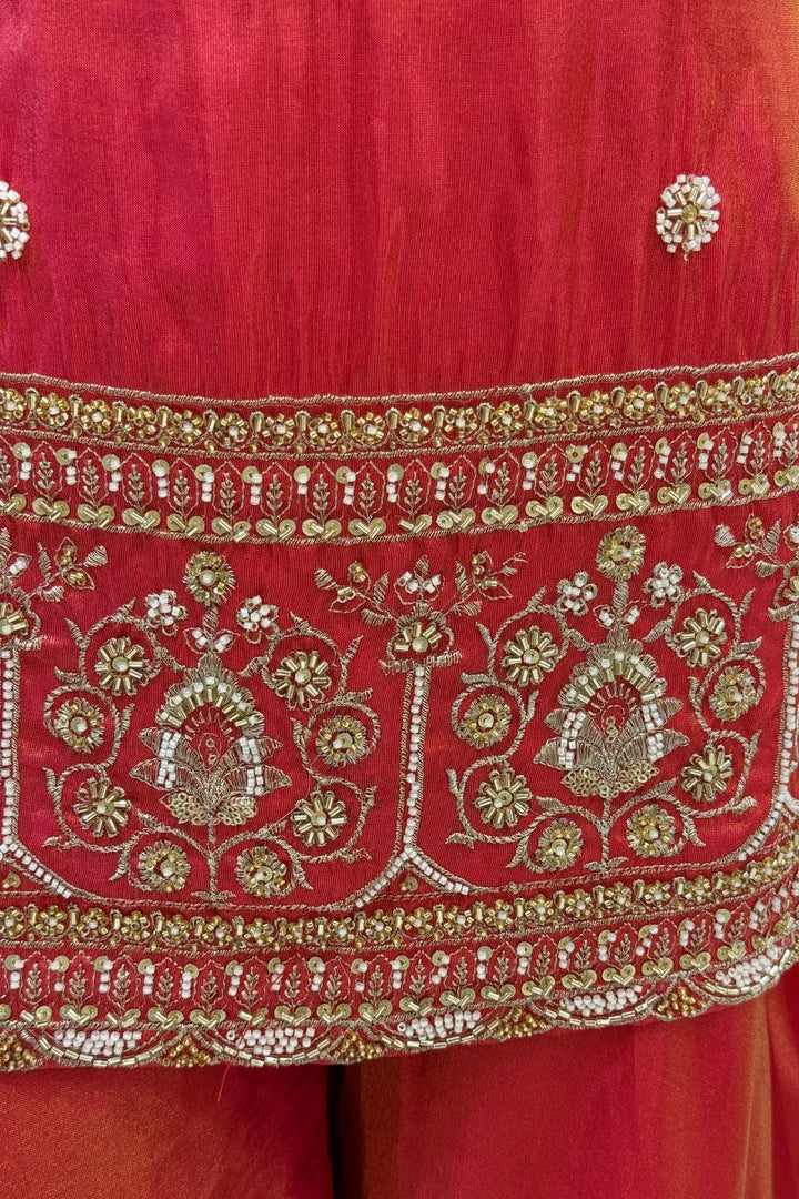 Tomato Red Beads, Sequins and Zari work Palazzo Salwar Suit