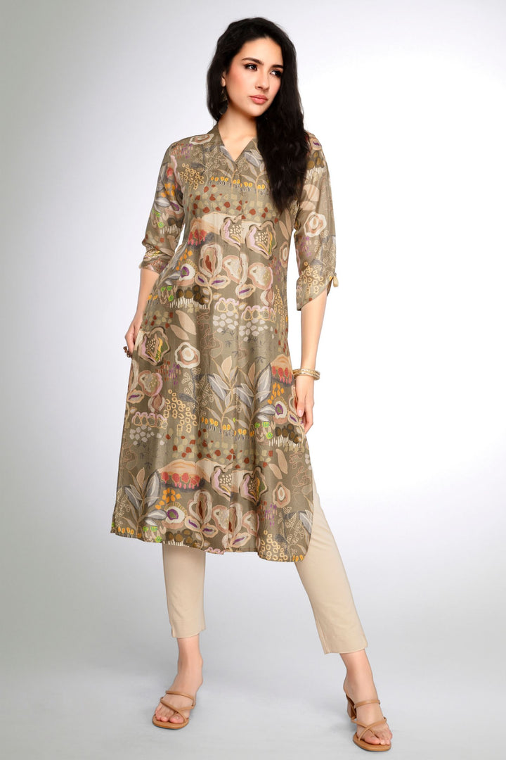 Pastel Green with Multicolor Digital Print and Stone work Calf Length Kurti