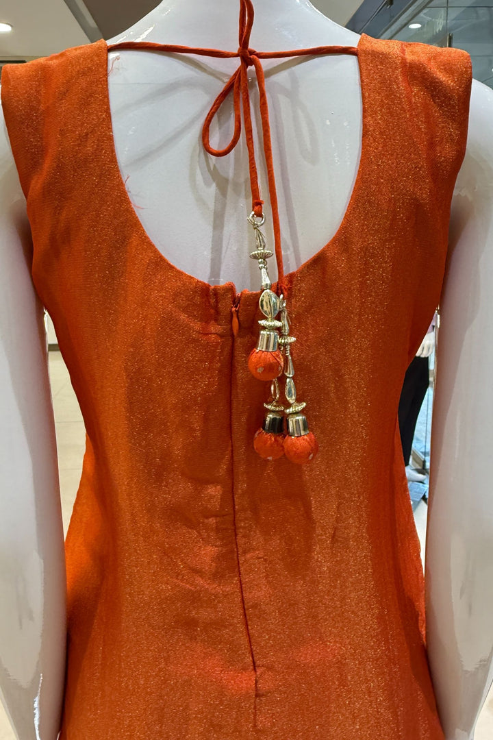 Orange Banaras, Zardozi, Mirror, Stone and Sequins work Straight Cut Salwar Suit