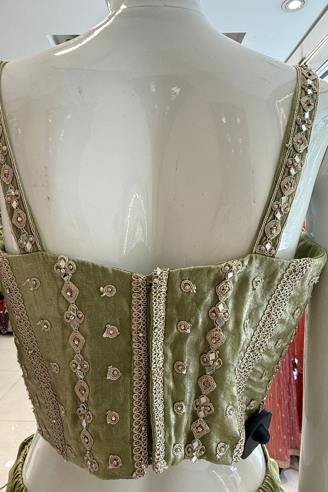 Pista Green Zari Thread, Mirror and Stone work Palazzo Set with Corset Top