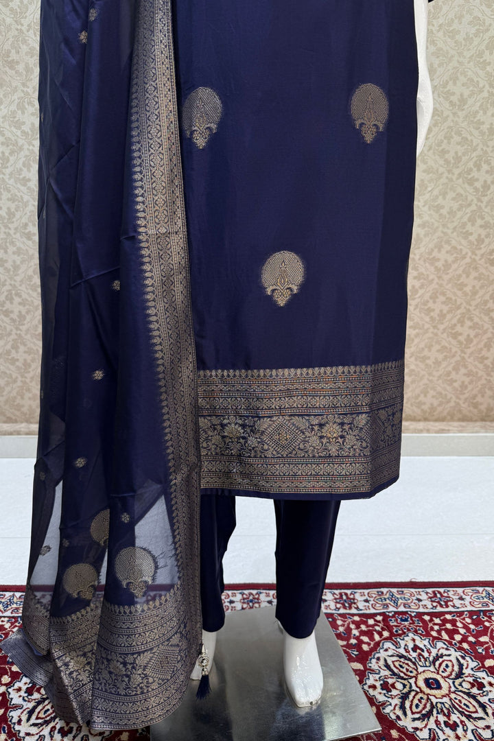 Royal Blue Banaras, Zardozi, Sequins, Beads and Zari work Straight Cut Salwar Suit