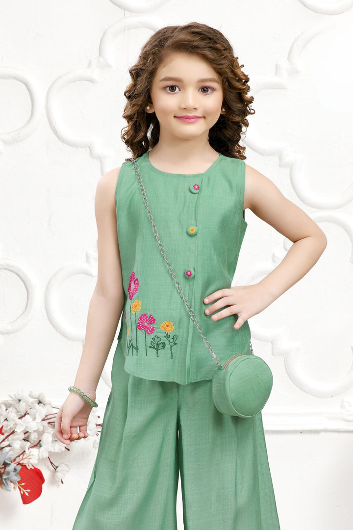 Green Embroidery work Palazzo Set For Girls with Bag