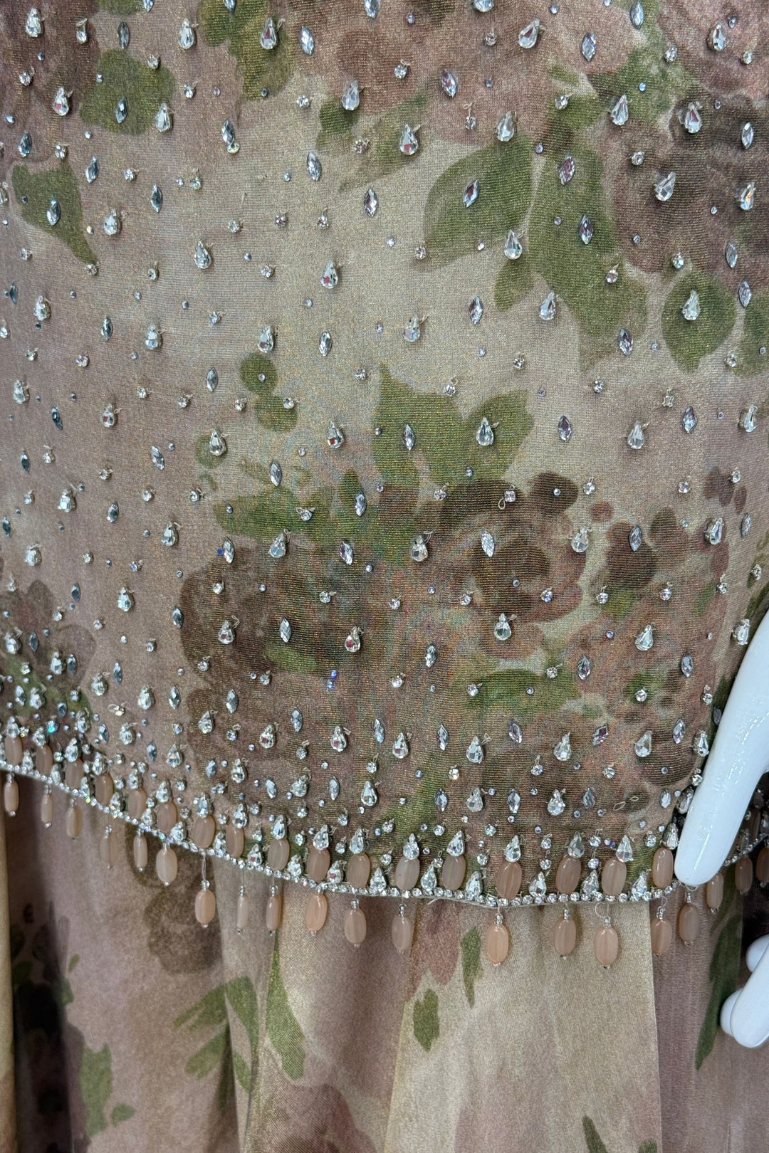 Light Brown Floral Print Top and Flared Palazzo Set with Kundan and Beads work