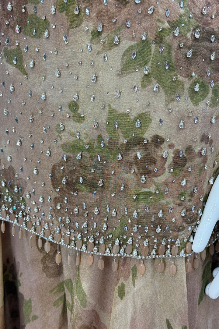 Light Brown Floral Print Top and Flared Palazzo Set with Kundan and Beads work