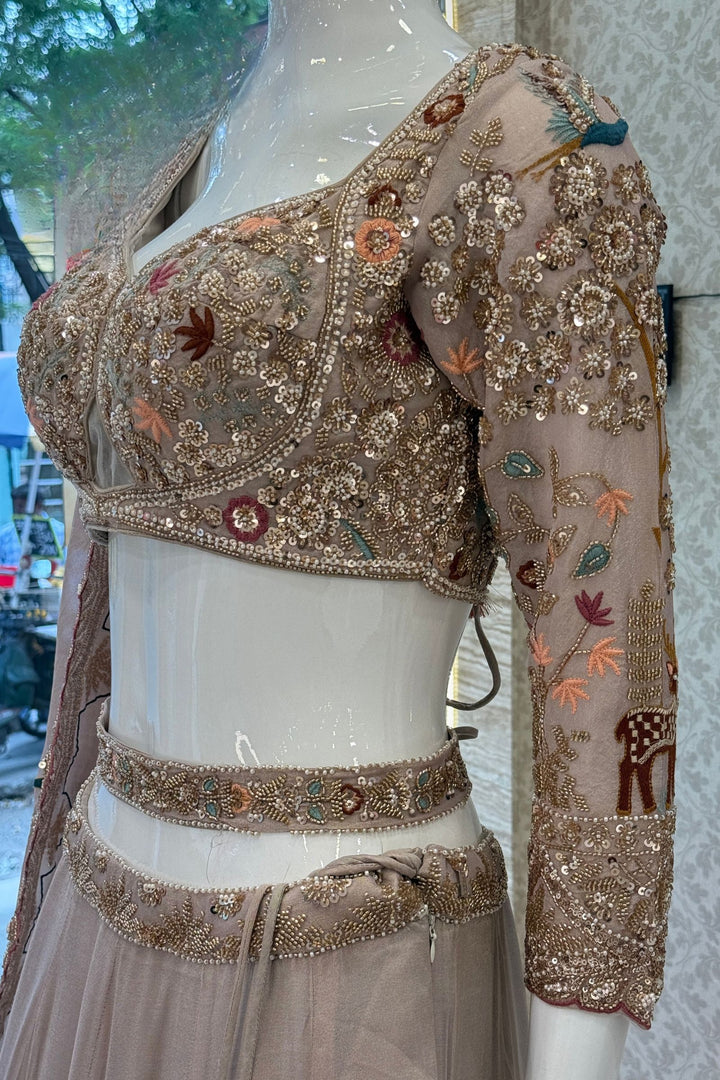 Beige Wedding Lehenga with Bird and Deer Motifs and Floral Bloom Embroidery with Belt