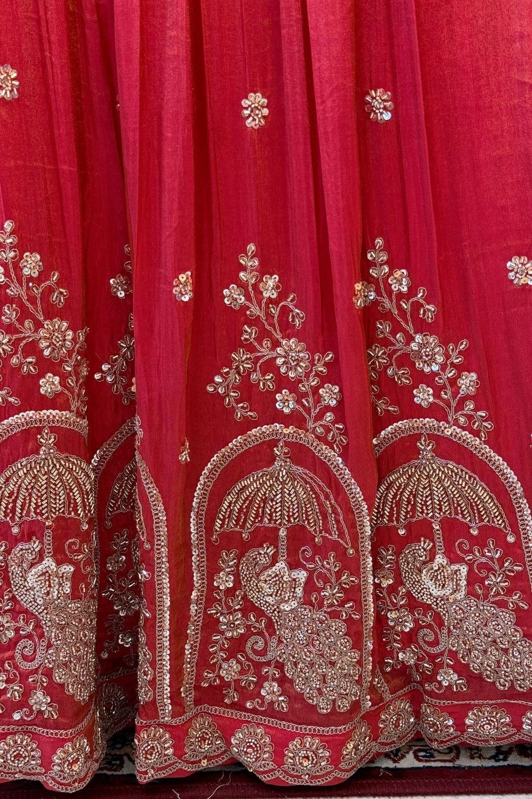 Rani Pink Brocade, Beads, Zardozi and Sequins work Corset Top with Lehenga