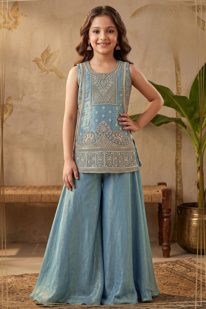 Light Blue Beads, Zari and Sequins work Palazzo Suit Set for Girls