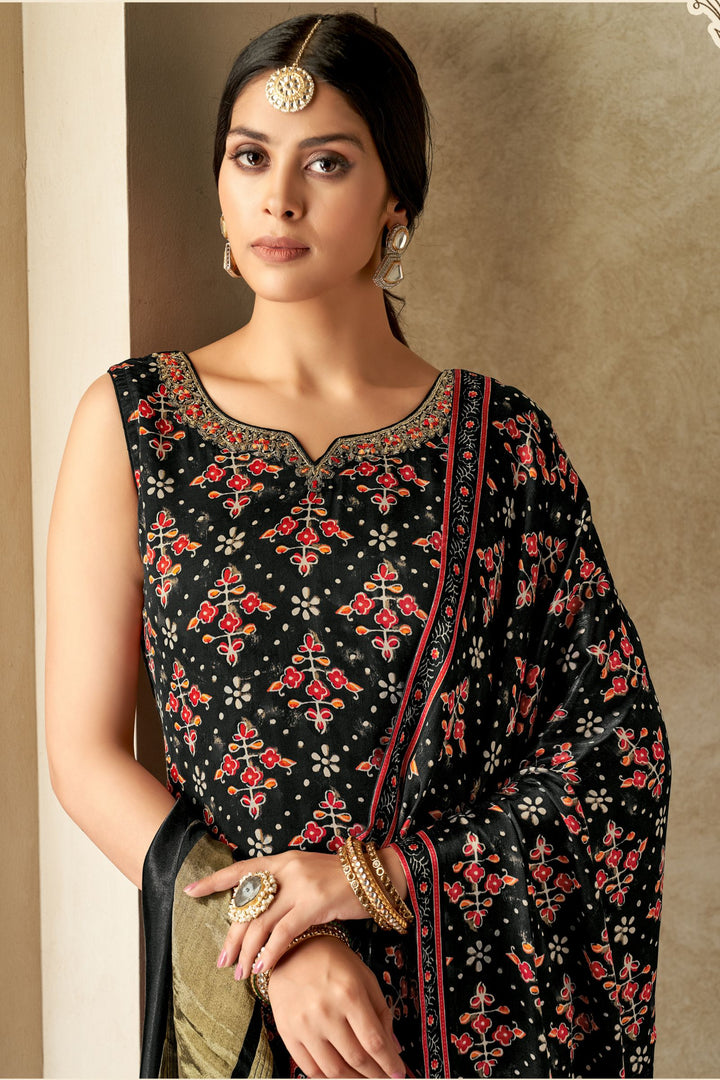 Black Beads, Mirror, Zardozi and Stone work with Multicolor Digital Print Straight Cut Salwar Suit