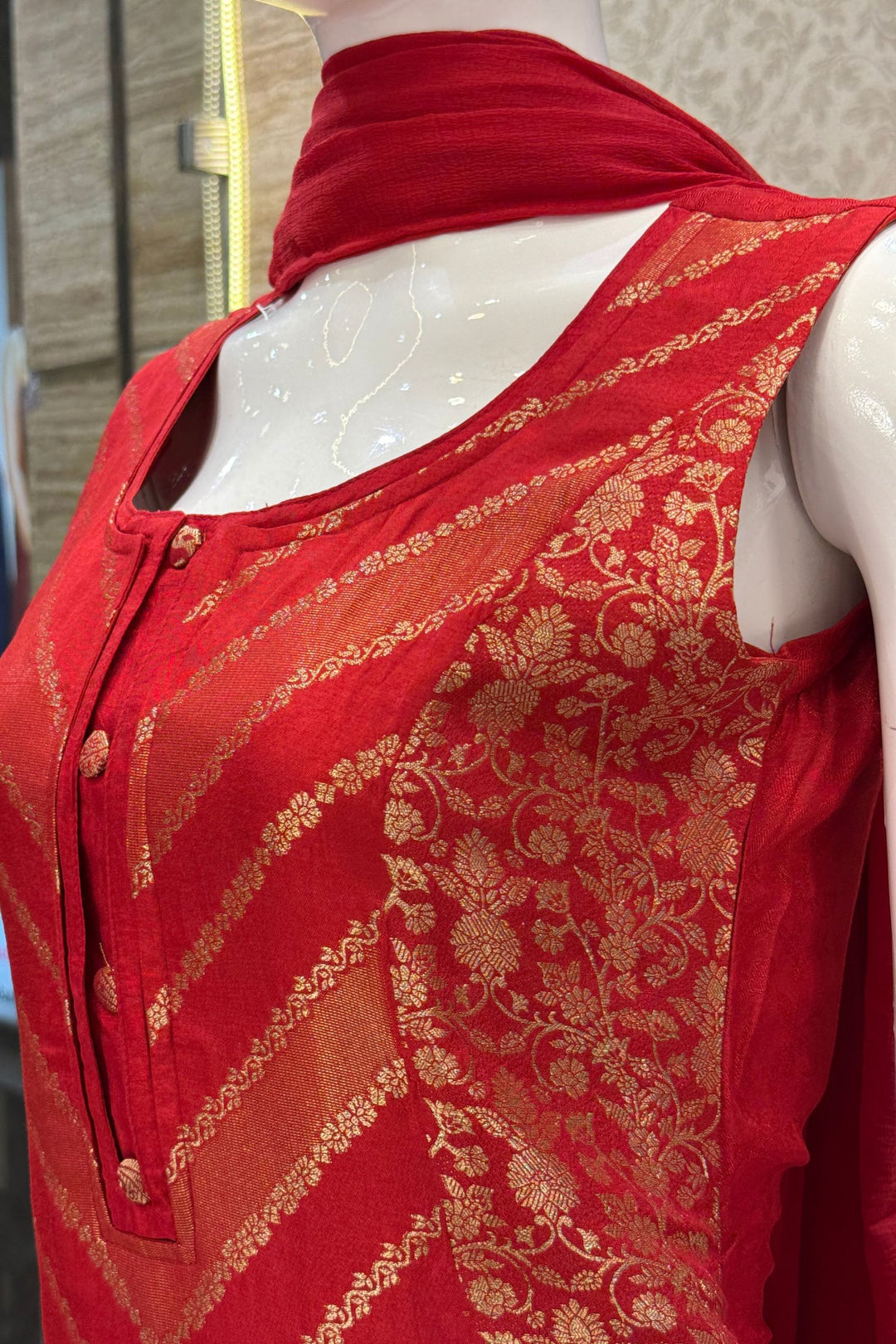 Red Banaras work Straight Cut Salwar Suit