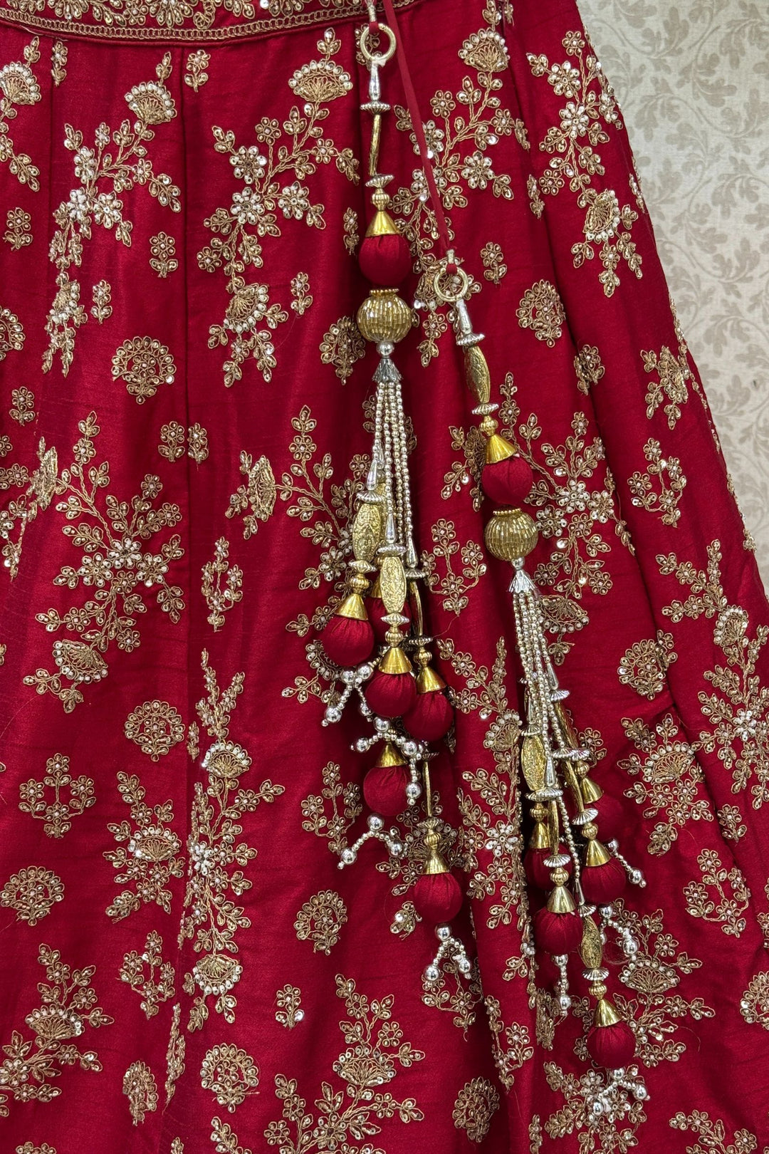 Maroon Beads, Zari, Zardozi and Sequins work Crop Top Designer Bridal Lehenga with Belt