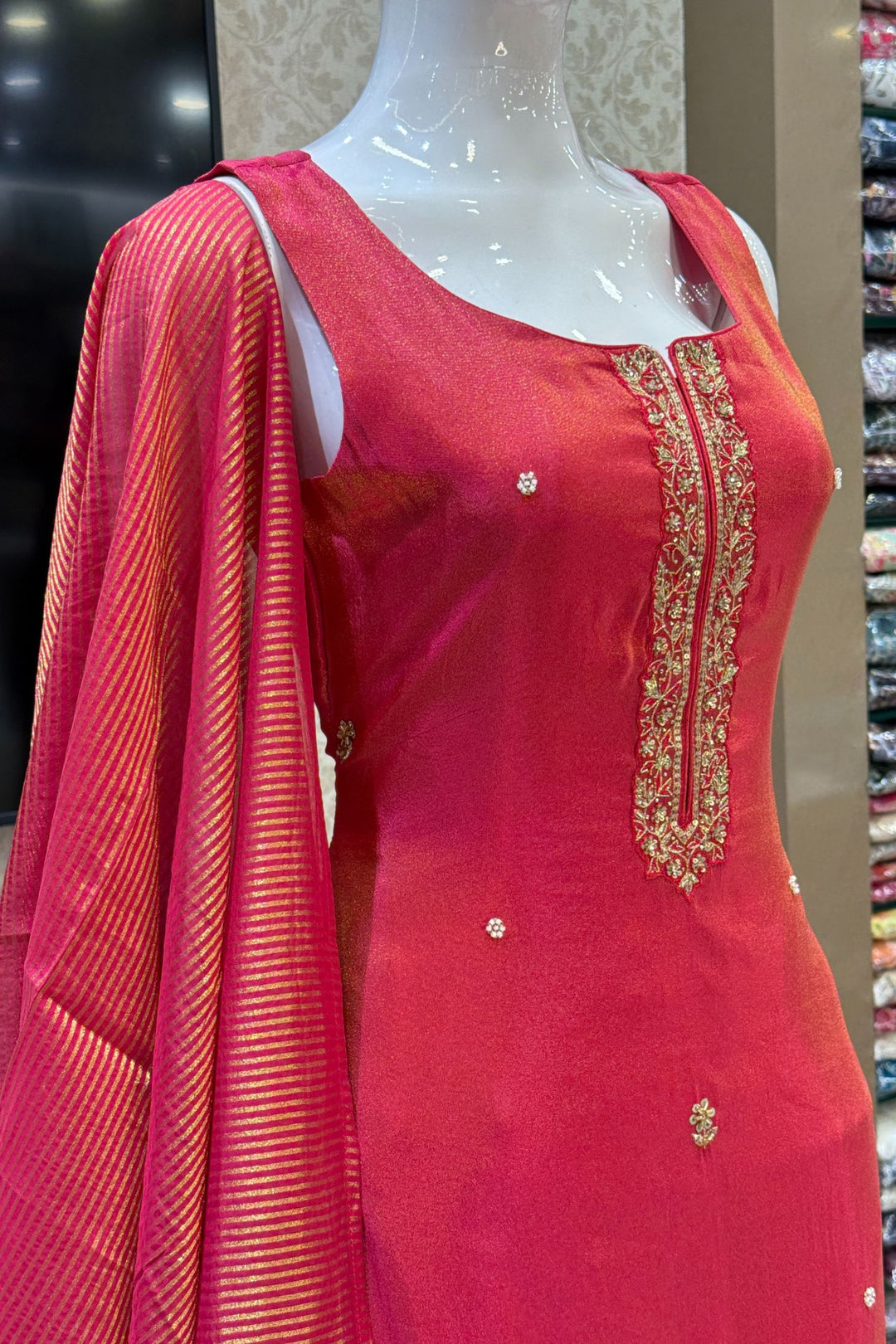 Rani Pink Beads, Zari, Stone and Sequins work Straight Cut Salwar Suit