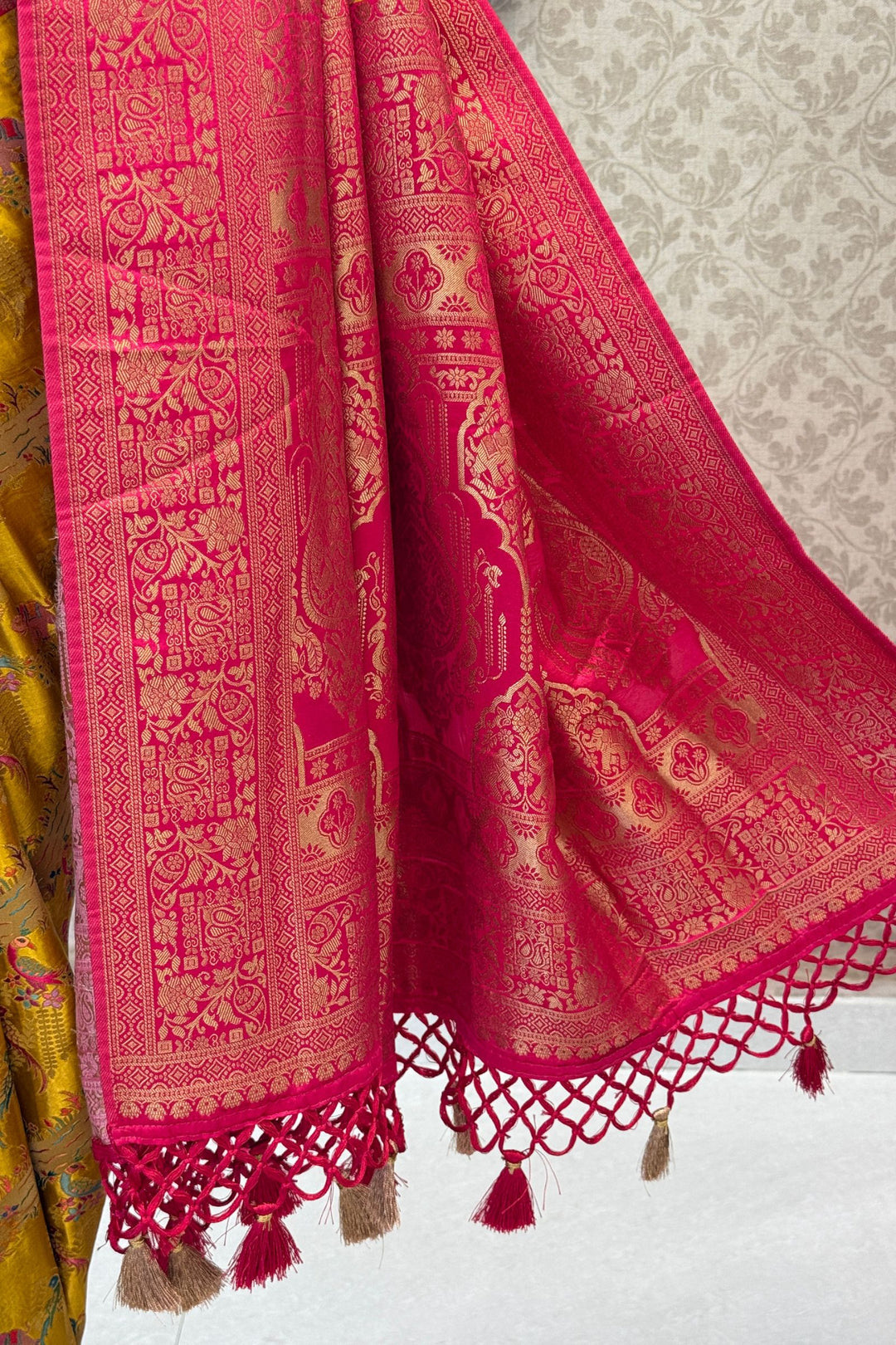 Yellow Saree Featuring Heritage Wildlife and Floral Banaras