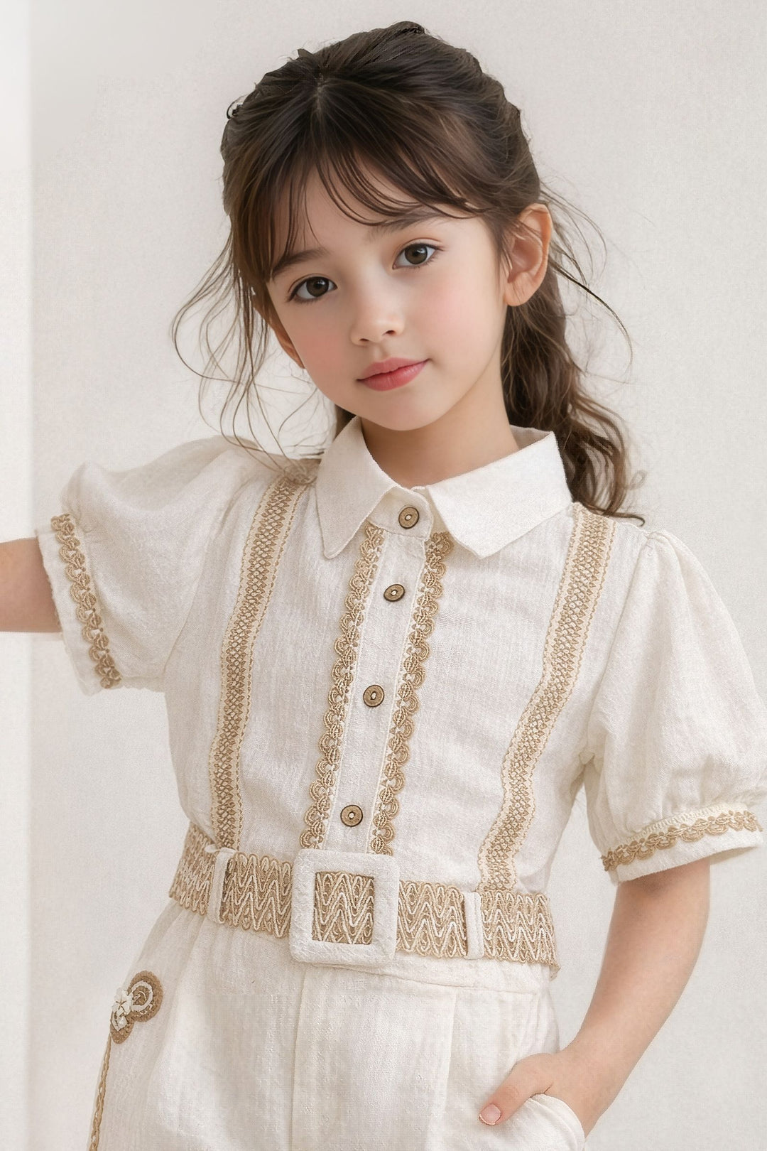 Cream Thread work Top and Shorts For Girls