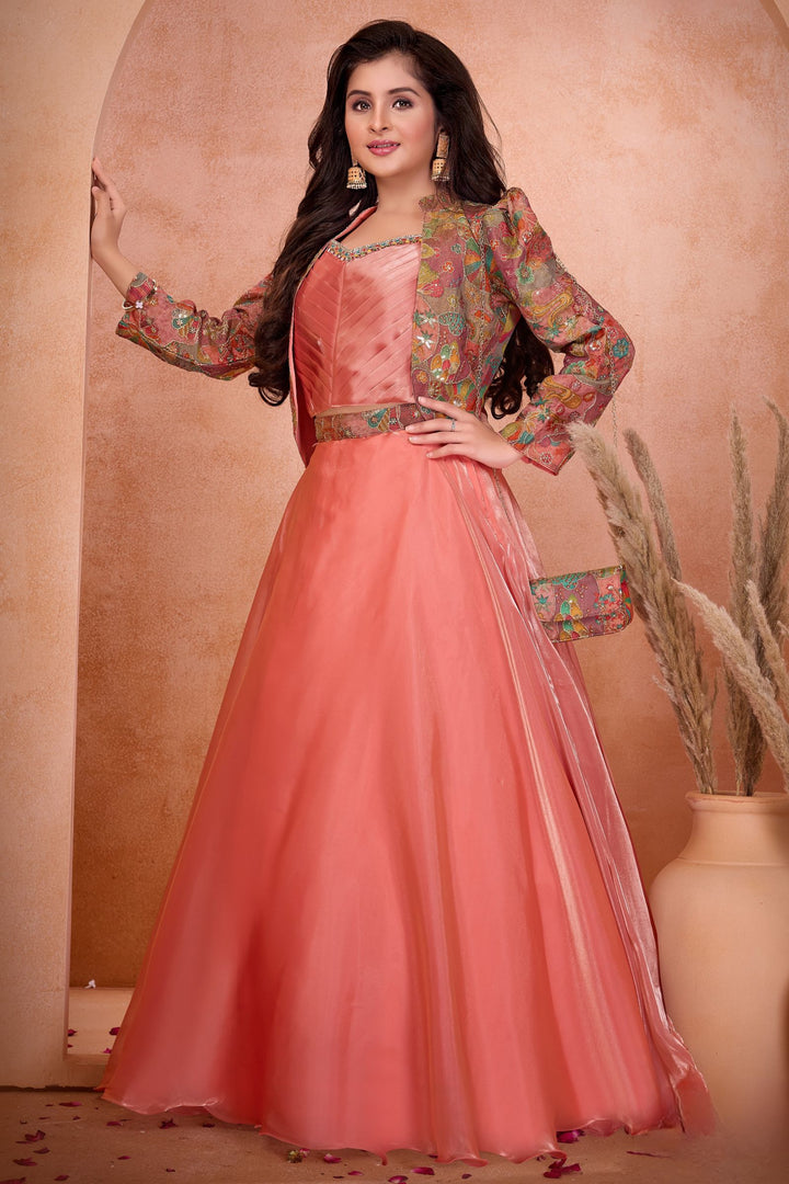 Peach Sequins and Zari work with Multicolor Digital Print Jacket Styled Lehenga Choli for Girls