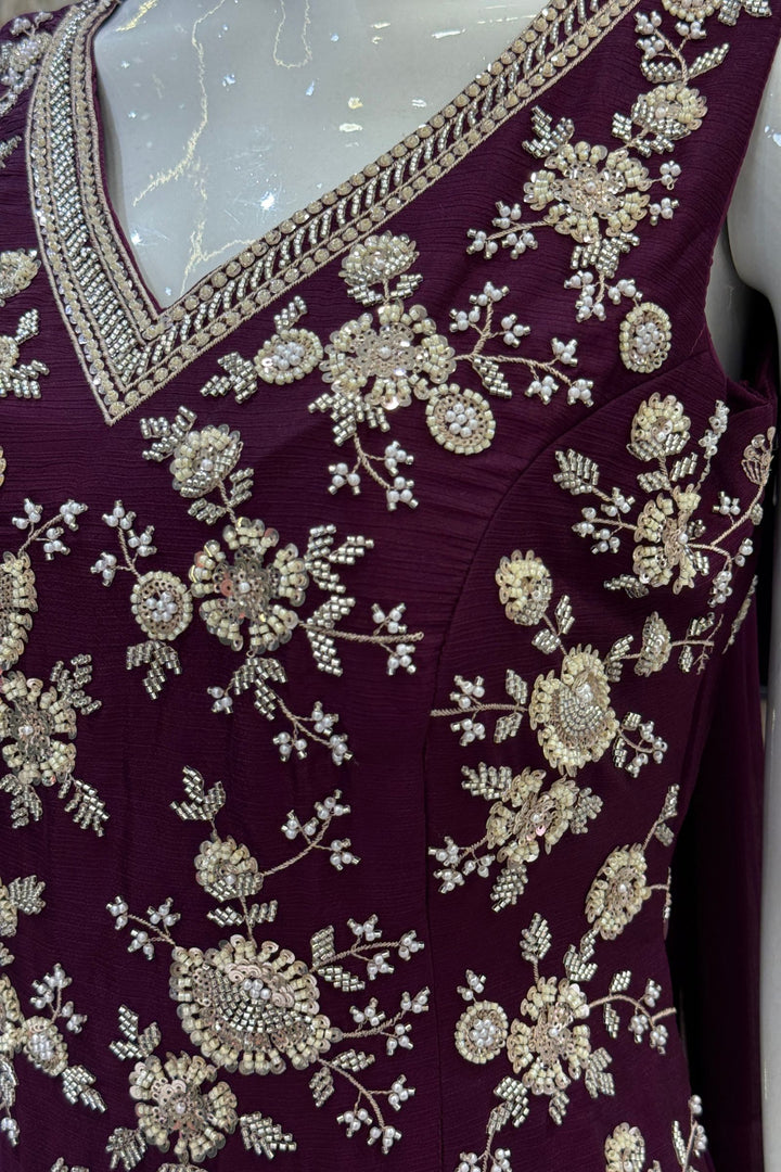 Wine Beads, Zari and Sequins work Palazzo Salwar Suit