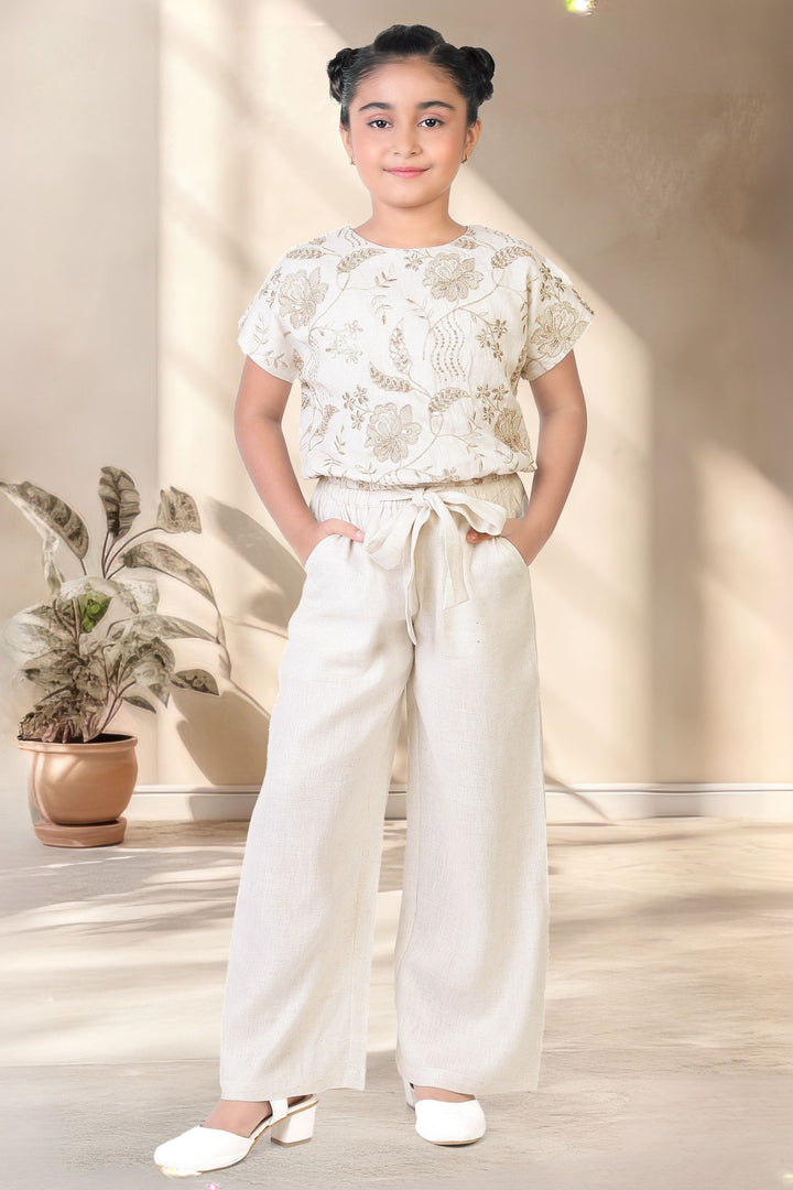 Cream Zari Embroidery and Sequins work Top and Palazzo Set for Girls