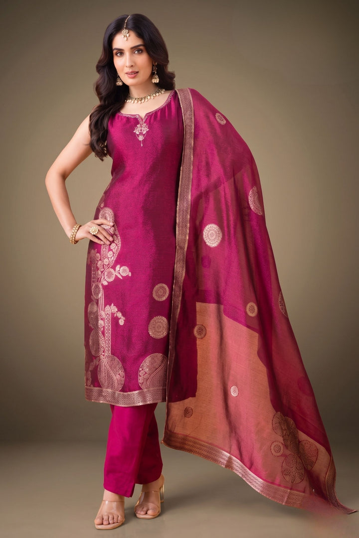 Magenta Banaras, Zardozi, Zari, Sequins and Stone work Straight Cut Salwar Suit