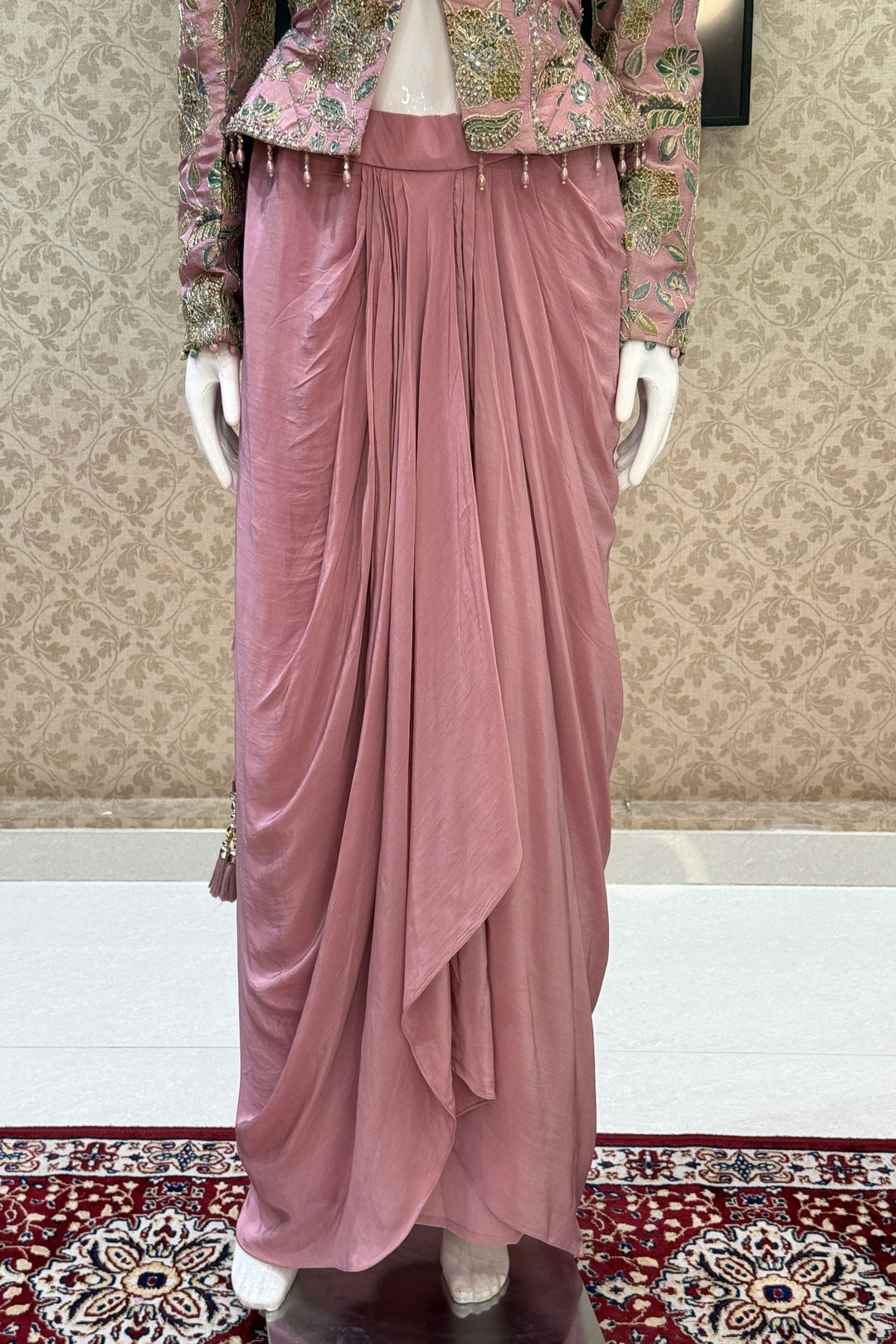 Onion Pink Beads, Zari and Sequins work with Floral Print Crop Top and Cowl Skirt