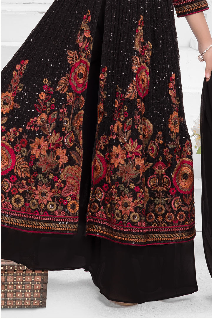 Black Multicolor Embroidery and Sequins work for Girls Palazzo Set