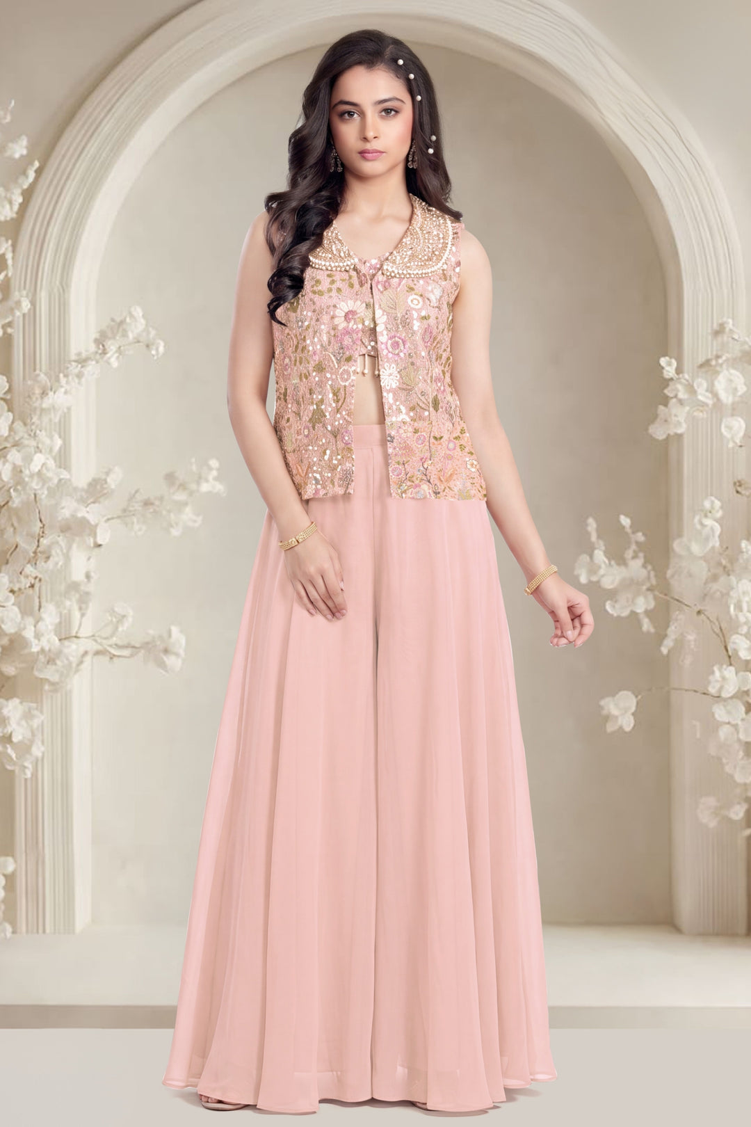 Peach Jacket Styled Palazzo Salwar Suit with Beads, Sequins and Embroidery Detailing