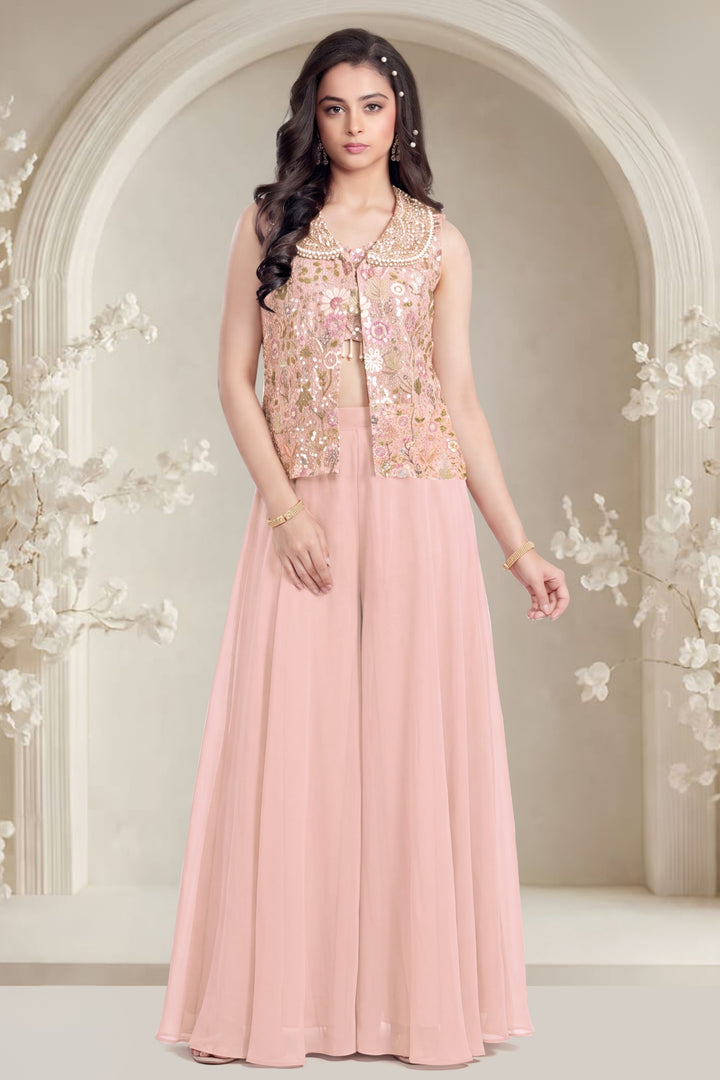 Peach Jacket Styled Palazzo Salwar Suit with Beads, Sequins and Embroidery Detailing