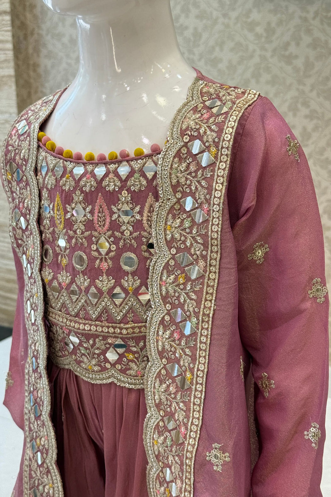Onion Pink Sequins, Zari and Thread work Overcoat Style Palazzo Suit Set for Girls