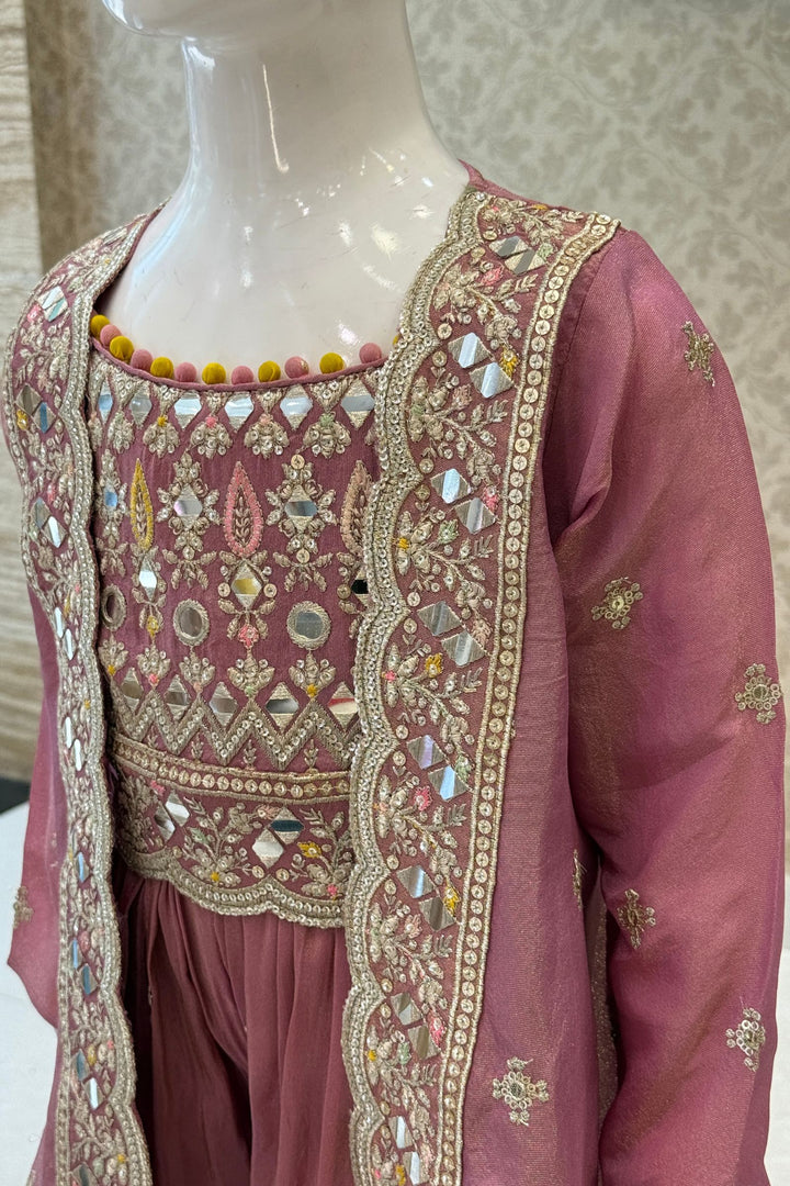 Onion Pink Sequins, Zari and Thread work Overcoat Style Palazzo Suit Set for Girls